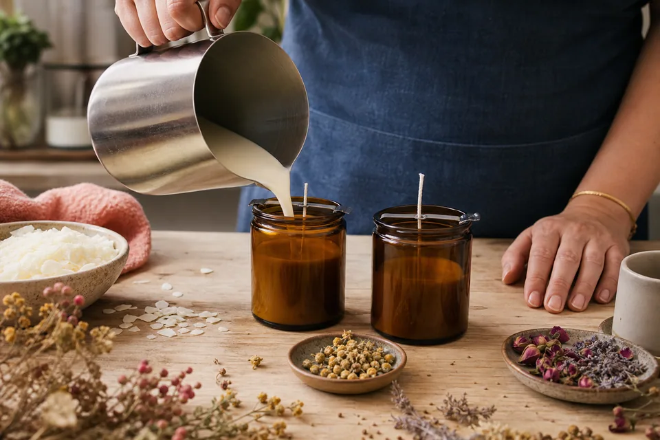 Soy wax being poured carefully into amber candle vessels