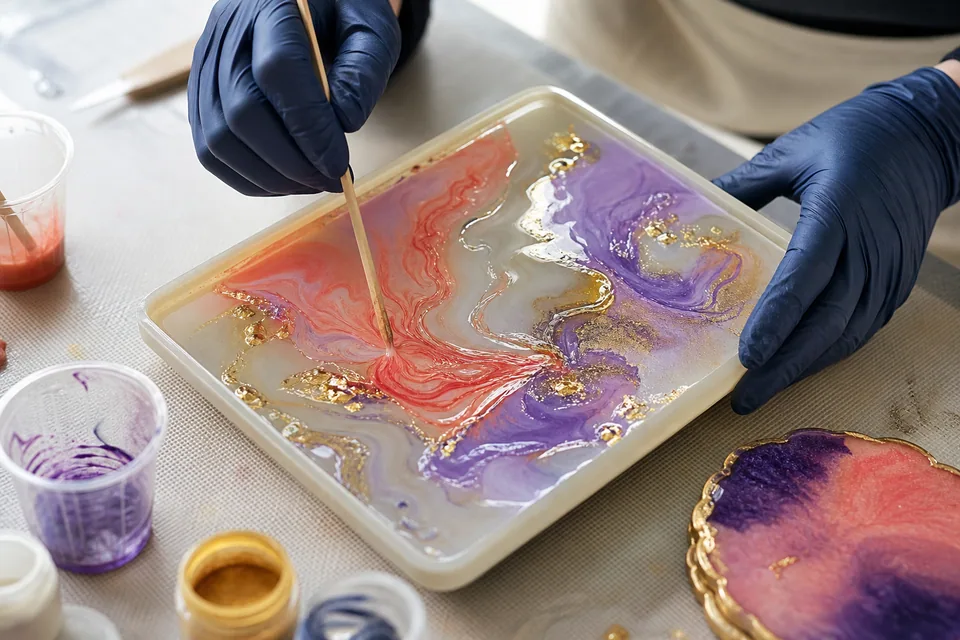 Protected work surface with gloved hands making resin art