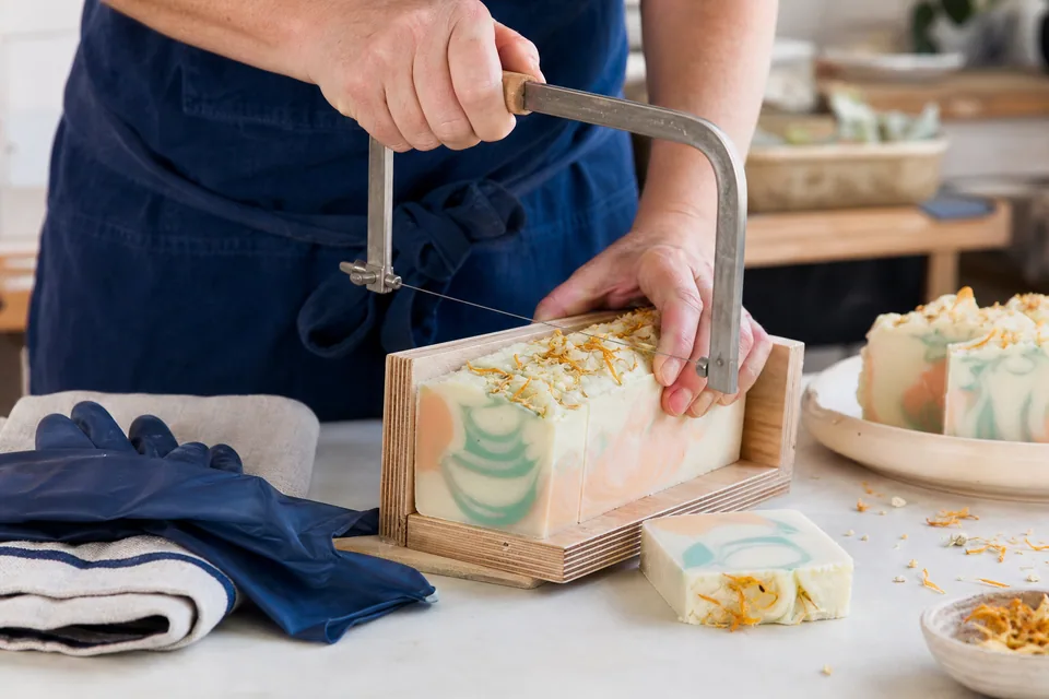 Pastel handmade soap loaf with natural-looking swirls