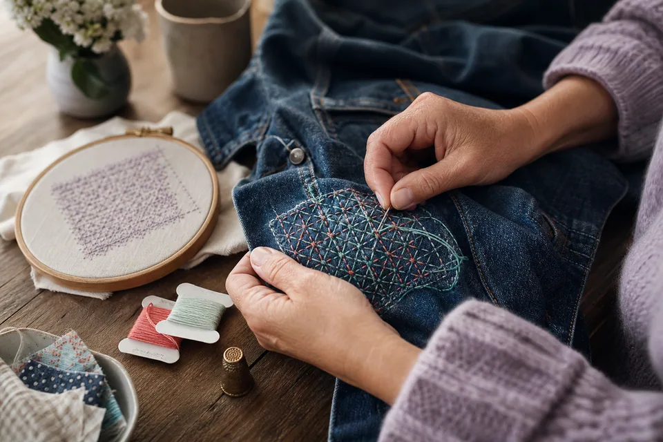 Denim jacket repaired by hand with colourful visible mending stitches